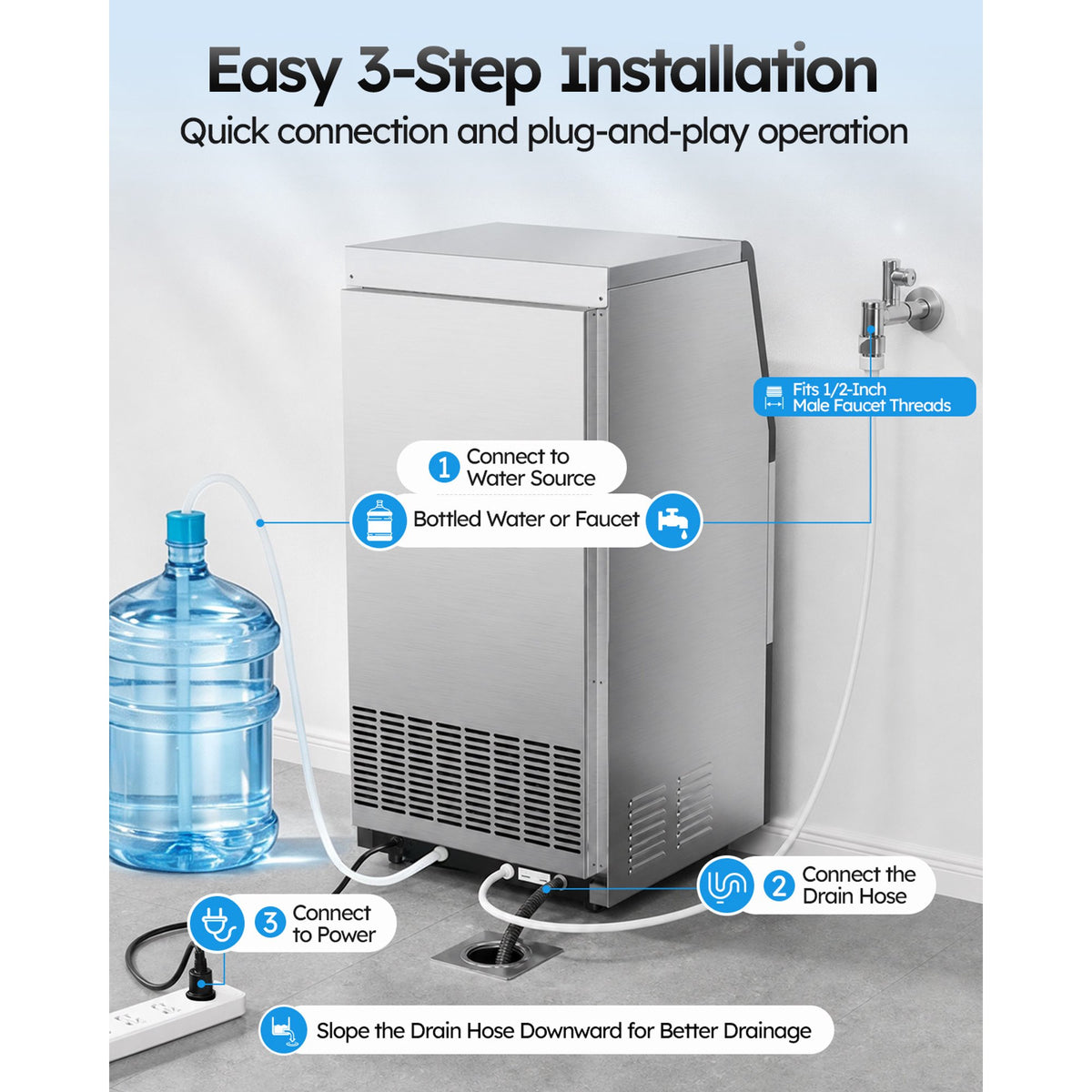 Friwest Commercial Ice Maker 100 lbs/24H, Dual Water Supply Ice Machine with 33 lb Storage Bin, Built-In or Freestanding with Self-Cleaning for Home Bar Restaurant