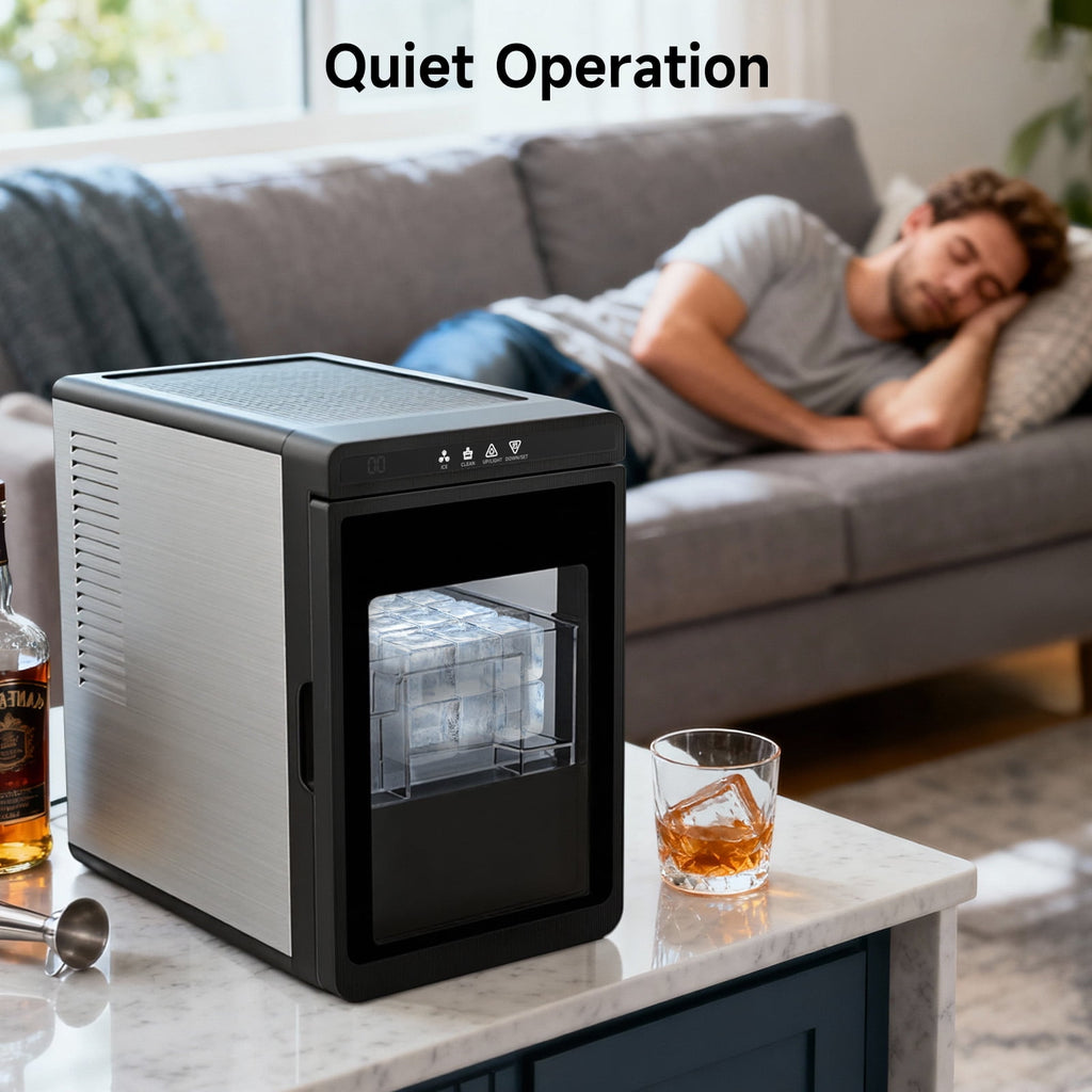 Friwest Clear Square Ice Maker, 2" SlowMelting Ice Cubes for Whiskey Cocktail, One Touch Auto Clean, Stainless Steel Countertop Ice Machine for Home Bar