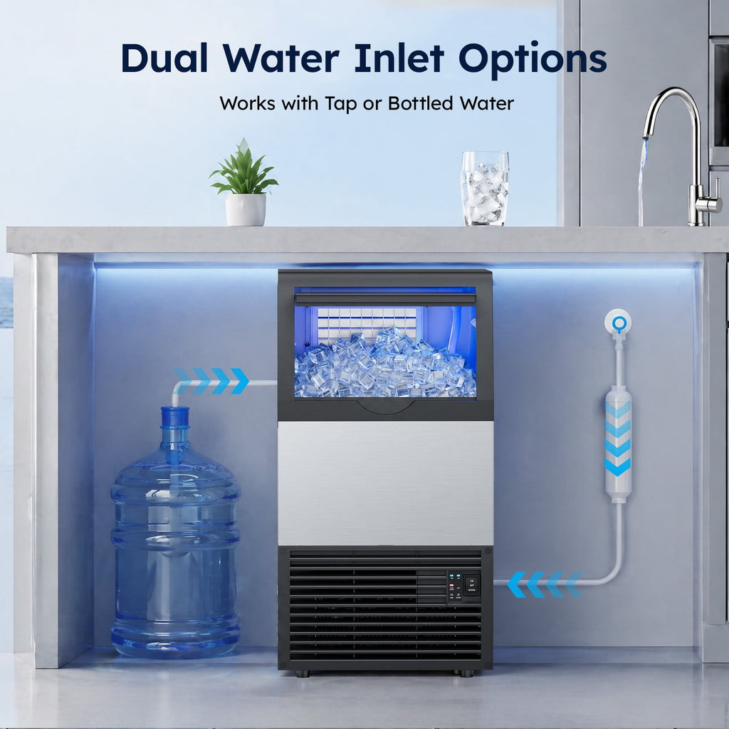 Friwest Commercial Ice Maker Machine, 150 Lbs/24H, 50 Lbs Storage Bin, 45 Cube Square Ice, Adjustable Ice Thickness, Dual Water Inlet Self-cleaning Ice Machine for Bar, Cafe, Shop & Home
